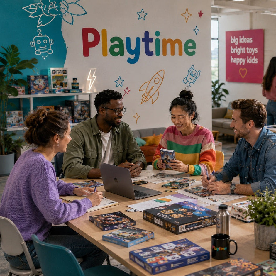 People playing board games in a casual office setting with 'Playtime' branding.
