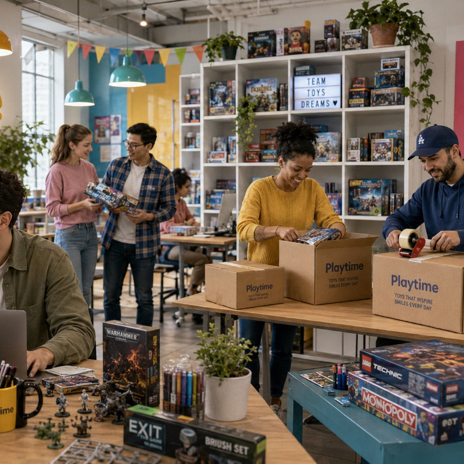 People in a modern office with Playtime branding and toys on shelves.