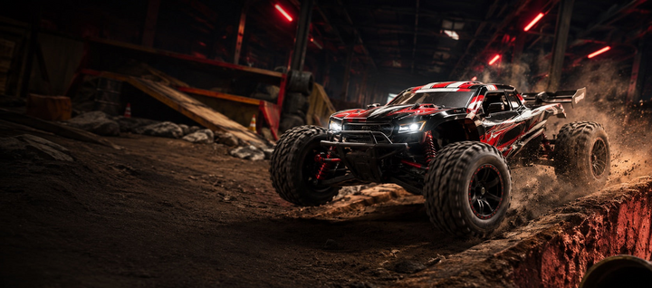 Monster truck on a dirt track with dark lighting