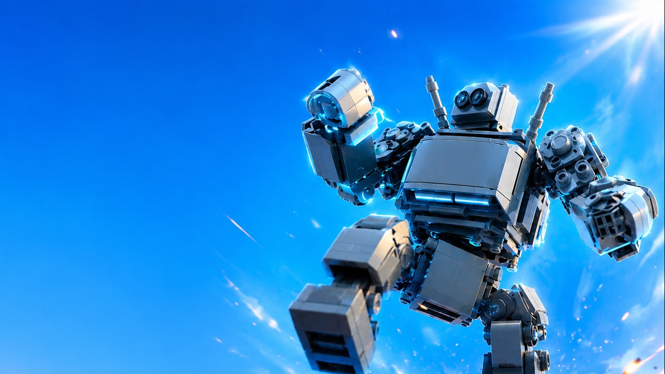 Robot in a dynamic pose against a blue sky with sunbeams